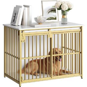 HOOBRO Dog Crate Furniture, 36.6" Heavy Duty Dog Kennel with Sliding Barn Door, Wooden Dog Cage Indoor, Decorative Side End Table for Small/Medium Dogs, Greige and Black GY162GW03G1