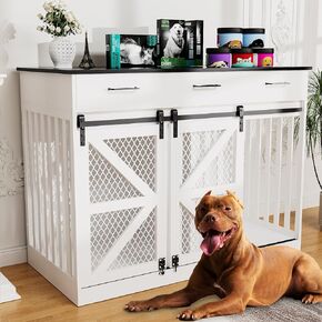 48'' Dog Crate Furniture with Removable Divider & Storage Drawers, Wooden Double Dog Cage TV Stand with 2 Sliding Barn Doors, Multi-Functional Dog Crate End Table for Indoor use (White)