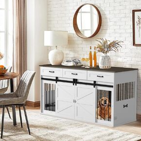 65" Double Dog Crate Furniture for 2 Dogs Heavy Duty Wood Dog Cage Table with 3 Storage Drawers and 4 Stainless Steel Bowls Dog Kennel Indoor for Medium Large Dogs