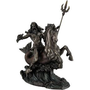 Zeckos Poseidon Greek God of The Sea Holding Trident On Hippocampus Metal Tabletop Statue Dark Brown/Black