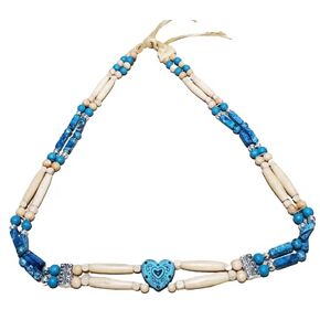 Western Cowboy Hat Band with Antique Bone Hairpipe Beads and Metal Heart Centerpiece (Silver Heart)