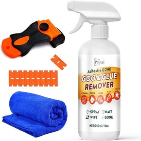 Adhesive Remover Goo & Glue Remover with Plastic Scraper Sticker Remover for Stickers, Labels, Decals, Residue, Tape, Gum, Grease, Tar, Crayon, Glue - 10oz/ 300ml