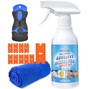 Adhesive Remover Kit with Plastic Scraper, 10 Extra Razor Blades & Cleaning Towel | Strong Formula Glue Remover Spray for Stickers, Labels, Decals & Car Adhesive Residue – 10oz (300ml)
