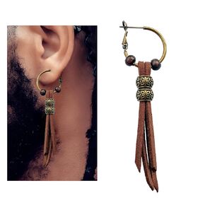 Brown Leather Hoop Earrings for Men - Bronze Single Pirate Style Hoop Earrings - Dangle Punk Men's Earring Single - Hippie Style Men's Earring