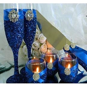 Wedding, 2 Champagne Flutes, 2 Cake Knives, 3 Candle Holders, 7 Pieces Total, Toasting Flutes, Cake Knives, Wedding Cake Knives, Champagne Glasses, Wedding Gift, Bridal Shower Gift, Royal Blue Wedding
