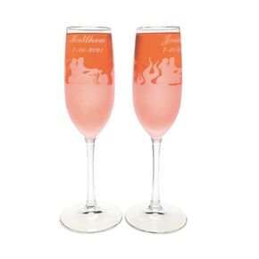 Personalized Flaming Biker motorcycle wedding Clear toasting flute glasses, Name & Date added FREE