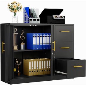 Lateral File Cabinet with 3 Drawers, Metal Filing Storage Cabinet with Lockable, Multi-Functional Accent Cabinet for Office Home Garage School or Gym (Black)