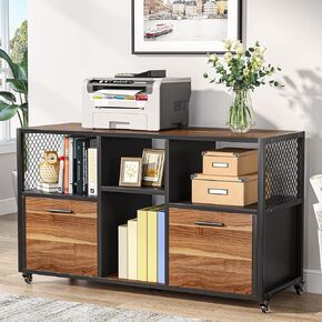 Tribesigns 2 Drawer Wood File Cabinets, Modern Mobile Lateral Filing Cabinet for Letter/ A4 Size, Printer Stand with Open Storage Shelves and Drawer for Home Office, Rustic Walnut