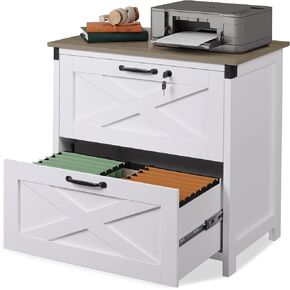 DEVAISE 2 Drawer Farmhouse File Cabinet with Lock, Lateral Filing Cabinet for Letter/Legal/A4 Size, Wood Printer Stand for Home Office, White