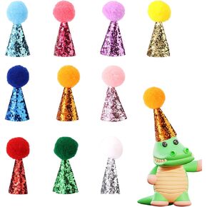 10pcs Mini Party Hats for Stuffed Animals, Tiny Adjustable Cone Hats Dinosaur Toys Dolls Crafts with Shiny Pom Poms for Teddys Dog Cat Kids Birthday Cake Decorations Party Accessories