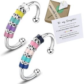 2 pcs Anxiety Ring Set to My Daughter Colorful Beads Spinner Adjustable FidgetJewelry Gift for Daughter Stainless Steel Anxiety Ring for Daughter with Box and Card Valentine's Day Gifts