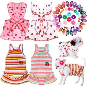 4 Pcs Dog Dresses for Medium Dogs Girl Cat Clothes Rainbow Colorful Striped Summer Princess Pet Tutu Skirt Cute Puppy Outfits with 36 Pcs Hair Bows with Rubber Bands for Doggie (M, Suggest 4-5 lbs)