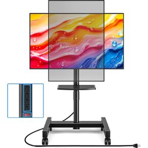 Rfiver Rolling TV Stand with Power Outlet for 13-50 Inch TVs, Tilting and Rotating Mobile TV Cart up to 55 lbs, Portrait to Landscap, Height Adjustable TV Floor Stand with Shelf, Max VESA 200x200mm