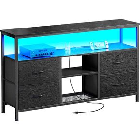 Huuger 47 Inch TV Stand Dresser with Power Outlets and LED Lights, 4 Drawers Entertainment Center with Open Shelf, Media Console for 55 50 Inch TV, Dresser with PU Finish, Black