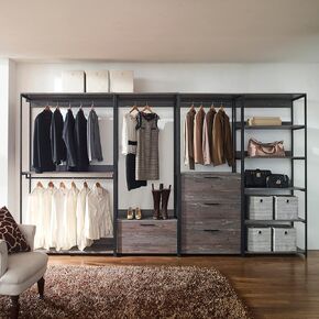 Walk-in Closet System with Modular Design, Powder Coated Metal Frame, Deep Storage Space, Rustic Finish