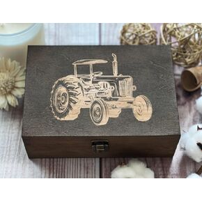 Vintage Tractor Laser-Engraved Wooden Box, Detailed Drawing with Engine and Exhaust, Perfect Gift for Farmers or Collectors, Unique Handcrafted Keepsake.