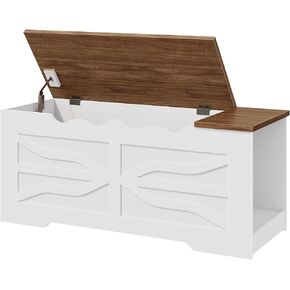 Hoobro Farmhouse Storage Bench ، صندوق ألعاب مع مفصلات السلامة ، وصدر تخزين خشبي مع تخزين جانبي ، 47.2'l x 15.7'w x 19.5'h ، للمدخل وغرفة النوم وغرفة المعيشة والأبيض والجوز Wh96cw01