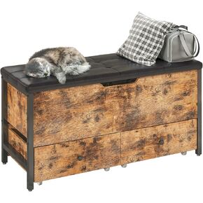 LIKIMIO Storage Bench, Wooden Box with Flip Top Storage Chest and Drawers for Bedroom/Living Room/Entryway, Supports 320 lb, Vintage Brown and Black