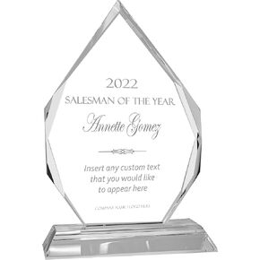 Personalized 7" Crystal Diamond Award with Text and Logo Upload, Custom Engraved Glass Award for Employee Appreciation, Recognition, Retirement and More