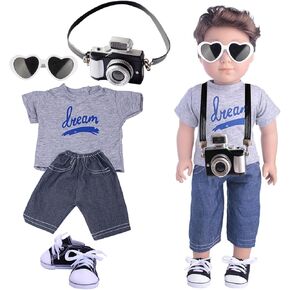 5Pcs 18 Inch Doll Clothes Sets-18in Girl Doll Accessories Include T-Shirt+Jeans+Doll Shoes+Glasses for 18‘’ American Doll Accessories (No Doll)