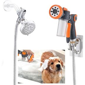 Dog 8.2ft Pup Shampoo Dispenser Jet Attachment to Shower Head Washing, 8-Setting High Pressure Pet Wash Cleaning Sprayer Bath for Bathtub Station, Adhesive Shower Holder, Indoor