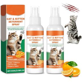 Cat Deterrent Spray, Safe Natural Cat Deterrent Outdoor, Cat Pee Deterrent Spray Indoor for Urine Marking Furniture, Humane Effective Training Aid Anti-Scratch for Cats and Kittens, 2PCS