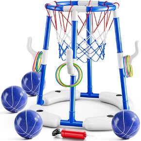 2 in 1 Pool Basketball Hoop Game for Kids Ages 3 4 5 6 7 Year Old, Floating Pool Toys with 4 Balls, Tossing Game, Summer Outdoor Swimming Water Play, Cool Party Gifts for Kids Adults Age 3-12