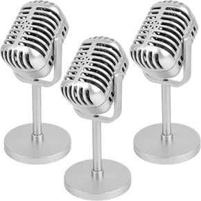 3 Pack Retro Microphone Props Model with Stand Plastic Fake Antique Microphone Stage Table Decor for Classic Party Decoration Costume Prop Pretend Play (Silver)
