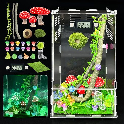Jumping Spider Enclosure,DIY Insects Habitat,Small Reptile Terrarium Glass House Accessories Set,with Temperature and Humidity Detector Water Feeder Platform Hide,5.5“x5.5"x9.5“ (Forest) in Saudi Arabia