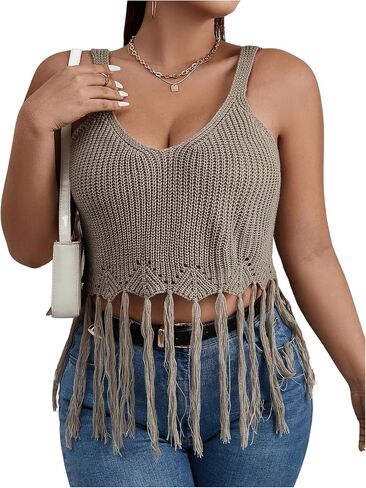 ملابس سباحة نسائية من OYOANGLE بمقاس كبير من Boho Crochet مفرغة ومزخرفة بأهداب in Kuwait