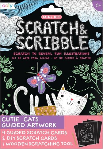 Ooly Mini Scratch & Scribble Art Kit - 6 Card Rainbow Scratch Art Set Summer Crafts for Kids, Travel-Friendly Craft Kit, Wooden Tool Included - Cutie Cats in Kuwait