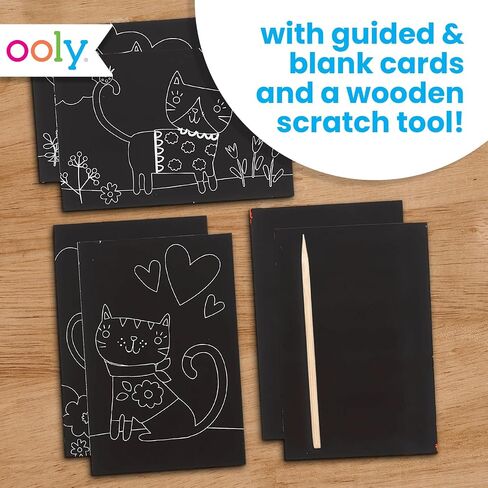 Ooly Mini Scratch & Scribble Art Kit - 6 Card Rainbow Scratch Art Set Summer Crafts for Kids, Travel-Friendly Craft Kit, Wooden Tool Included - Cutie Cats in Kuwait