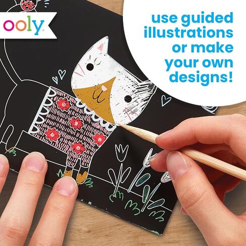Ooly Mini Scratch & Scribble Art Kit - 6 Card Rainbow Scratch Art Set Summer Crafts for Kids, Travel-Friendly Craft Kit, Wooden Tool Included - Cutie Cats in Kuwait