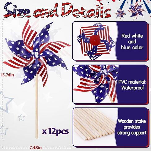 12 Pack 4th of July Decorations Outdoor Pinwheels, Patriotic Decor Red White and Blue Decorations Wind Spinner for Yard Garden,Independence Day, Memorial Day, Veteran's Day in Kuwait