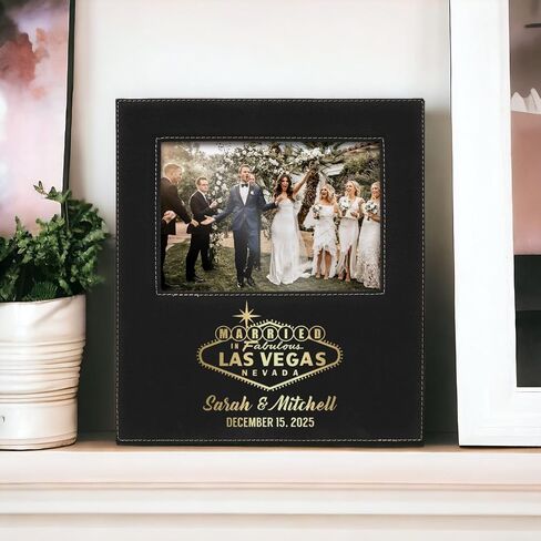 Alterd Industries Personalized 8x10 Picture Frames with 4x6 Photo Display - Married in Las Vegas Custom Photo Frame - Wedding Gift for Couples - (Married in Vegas - Black/Gold - 4x6 Photo) in Kuwait