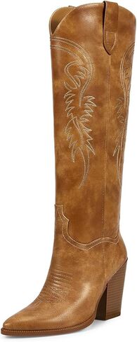 ISNOM أحذية رعاة البقر للنساء أحذية راعية البقر النساء الأحذية الغربية للنساء، أحذية راعية البقر للنساء أحذية عالية في الركبة النساء وأشار اصبع القدم أحذية مكتنزة للنساء واسعة الساق الأحذية الجانب سستة الأحذية الجلدية in Kuwait