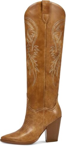 ISNOM أحذية رعاة البقر للنساء أحذية راعية البقر النساء الأحذية الغربية للنساء، أحذية راعية البقر للنساء أحذية عالية في الركبة النساء وأشار اصبع القدم أحذية مكتنزة للنساء واسعة الساق الأحذية الجانب سستة الأحذية الجلدية in Kuwait