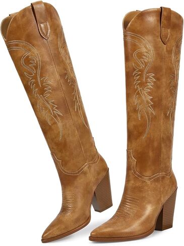 ISNOM أحذية رعاة البقر للنساء أحذية راعية البقر النساء الأحذية الغربية للنساء، أحذية راعية البقر للنساء أحذية عالية في الركبة النساء وأشار اصبع القدم أحذية مكتنزة للنساء واسعة الساق الأحذية الجانب سستة الأحذية الجلدية in Kuwait