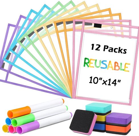 24 Pcs Dry Erase Pocket Reusable Sleeves 10" x 14" Clear Plastic Sheet Protectors with Markers and Mini Dry Erasers for Paper Teacher Classroom(Modern Boho) in Saudi Arabia