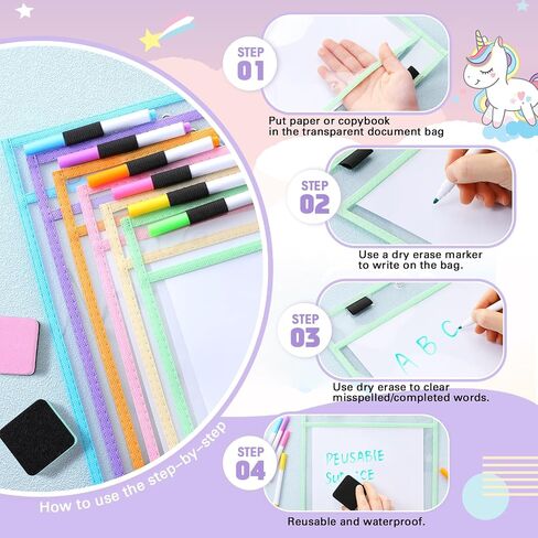 24 Pcs Dry Erase Pocket Reusable Sleeves 10" x 14" Clear Plastic Sheet Protectors with Markers and Mini Dry Erasers for Paper Teacher Classroom(Modern Boho) in Saudi Arabia