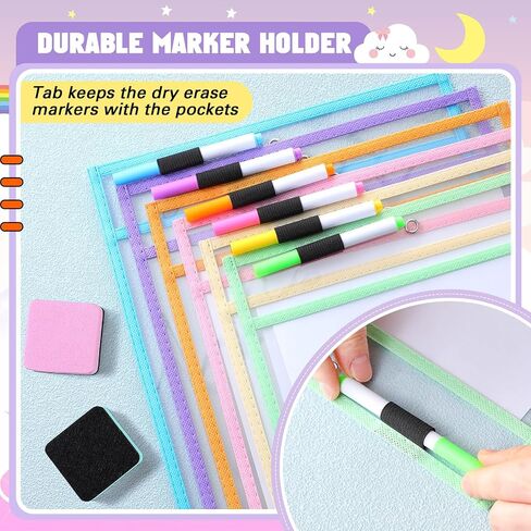 24 Pcs Dry Erase Pocket Reusable Sleeves 10" x 14" Clear Plastic Sheet Protectors with Markers and Mini Dry Erasers for Paper Teacher Classroom(Modern Boho) in Saudi Arabia