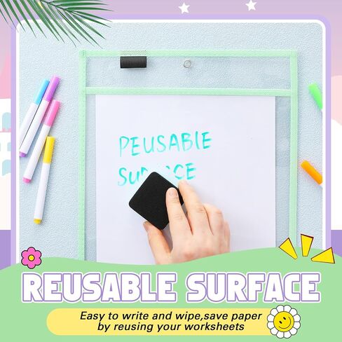 24 Pcs Dry Erase Pocket Reusable Sleeves 10" x 14" Clear Plastic Sheet Protectors with Markers and Mini Dry Erasers for Paper Teacher Classroom(Modern Boho) in Saudi Arabia