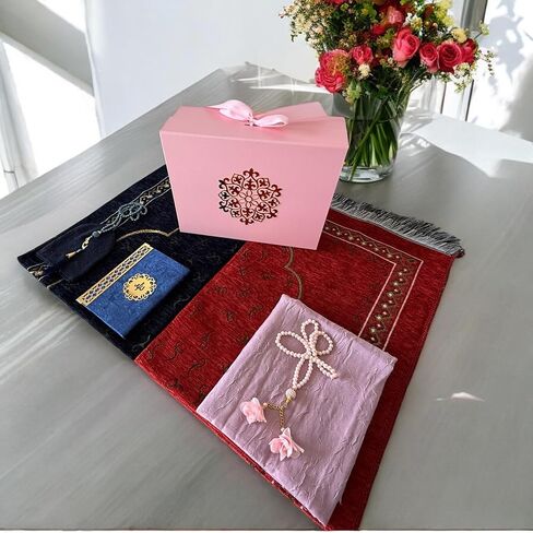 SAIKA 7 Pieces Prayer Rug Set, Prayer Rug Set for Couples & Families, Prayer Beads, Scarf, Muslim Hat, prayer mats & Short Surahs Book, Islamic Gift, Janmaz, Salah mat, Rmadan Gift (BLUE BOX SET) in Kuwait