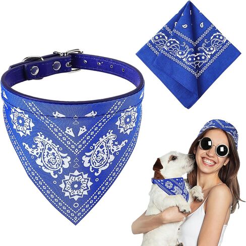 Dog Bandana & 22 Inch Women Men Cotton Bandana Headband Set Puppy Scarf for Small Dog Adjustable Cowboy Cat with Paisley Pattern Triangle Bib Neckerchief Handkerchief(Blue) in Saudi Arabia