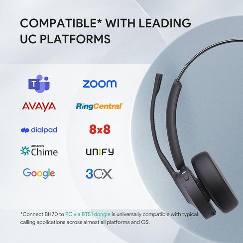 Yealink BH70 Wireless Bluetooth Headset with Microphone for Work, up to 35h Talking Battery Life, 3-Mic Noise Cancellation, 147g Lightweight Microsoft Teams Certified Headphone for Open Office, USB-C in Saudi Arabia