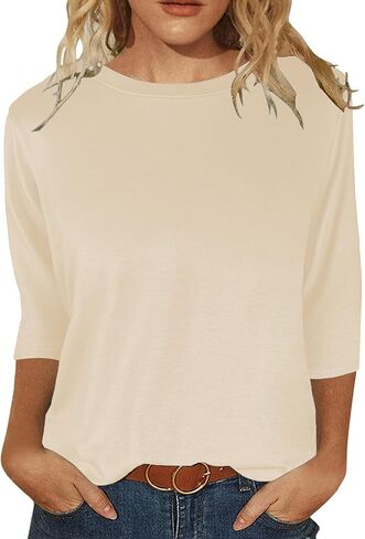 قمصان نسائية بأكمام 3/4 ورقبة دائرية وبلوزات غير رسمية فضفاضة وقمصان بلون واحد in Kuwait