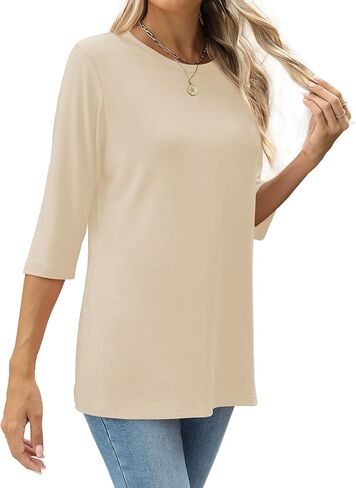 قمصان نسائية بأكمام 3/4 ورقبة دائرية وبلوزات غير رسمية فضفاضة وقمصان بلون واحد in Kuwait