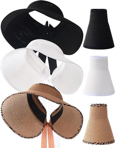 JaGely 3 Pieces Foldable Straw Sun Visors Hats Wide Brim Ponytail Summer Beach Hat Sun Protection Wide Brim Sun Hats Adjustable Beach Hat for Women in Saudi Arabia