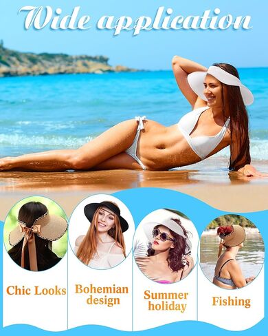 JaGely 3 Pieces Foldable Straw Sun Visors Hats Wide Brim Ponytail Summer Beach Hat Sun Protection Wide Brim Sun Hats Adjustable Beach Hat for Women in Saudi Arabia