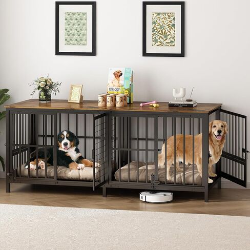 Double 80" Dog Crate Furniture, Extra Large Dog Crates for Large Dogs with 2 Dog Bowl, Wooden Pet Cage with Removable Divider, Sliding Door Dog Crate TV Stand, for 2 Pet, Space Saving in Saudi Arabia